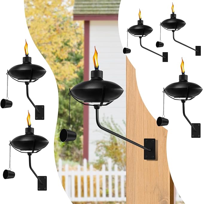 6 Pack Wall Mounted Citronella Torches, 18 oz Garden Torches for Outside, Refillable Flame Light Torch, Outdoor Metal Torch for Yard, Patio, Deck, Garden, Party, Landscape