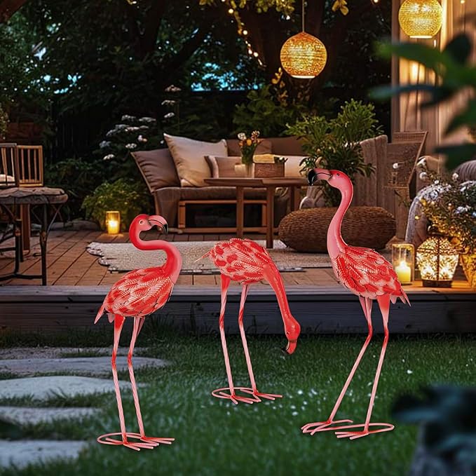 3 Pcs Pink Flamingo Garden Statues, Metal Flamingo Birds Yard Art Outdoor Statue for Home Patio Lawn Balcony Backyard Decor
