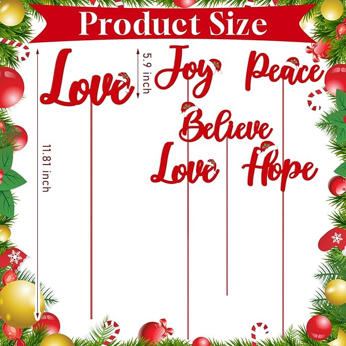 Roowest 5 Pack 12'' H Metal Christmas Yard Stakes Outdoor Decorations Joy Peace Love Believe Hope Garden Signs Christmas Potted Plant Stakes for Holiday Winter Home Lawn Garden Porch Party Decor