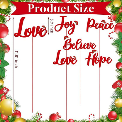 Roowest 5 Pack 12'' H Metal Christmas Yard Stakes Outdoor Decorations Joy Peace Love Believe Hope Garden Signs Christmas Potted Plant Stakes for Holiday Winter Home Lawn Garden Porch Party Decor