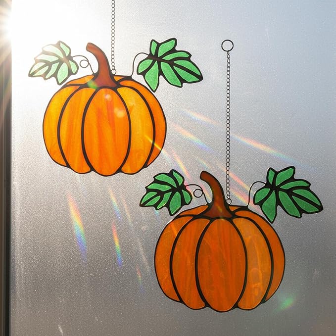 Yalikop 2 Pcs Thanksgiving Fall Pumpkin Suncatcher Decoration Halloween Pumpkin Stained Glass Window Hangings Sun Catcher for Office Party Home Decor Gifts Window Home Garden Fall Crafts Harvest Decor