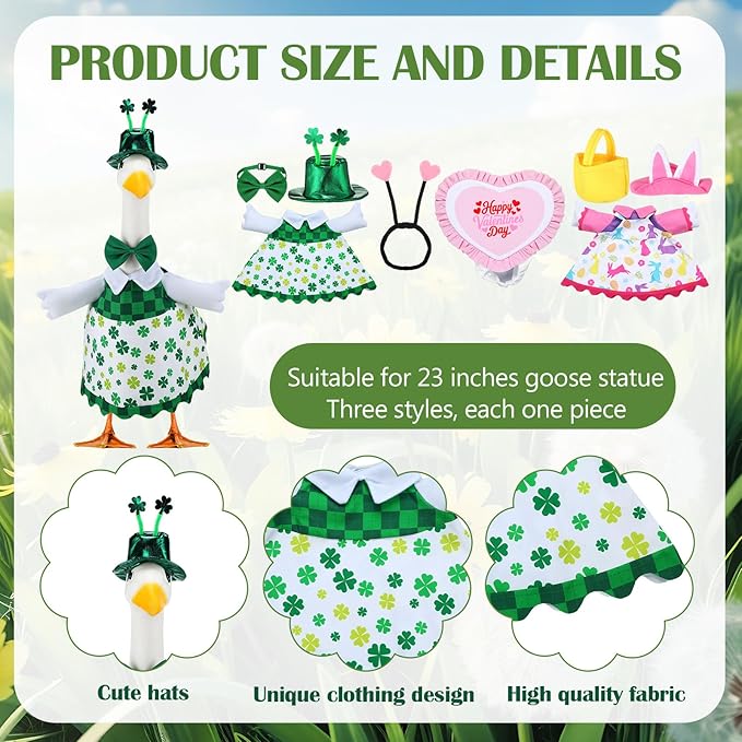 Abbylike 3 Set St. Patrick's Day Porch Goose Outfits Easter Spring Yard Goose Clothes Valentine's Day Lawn Costume for 23 Inch Cement Patio Garden Outdoor Statue Decor