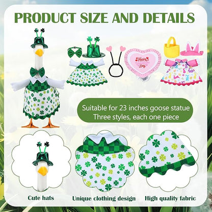Abbylike 3 Set St. Patrick's Day Porch Goose Outfits Easter Spring Yard Goose Clothes Valentine's Day Lawn Costume for 23 Inch Cement Patio Garden Outdoor Statue Decor