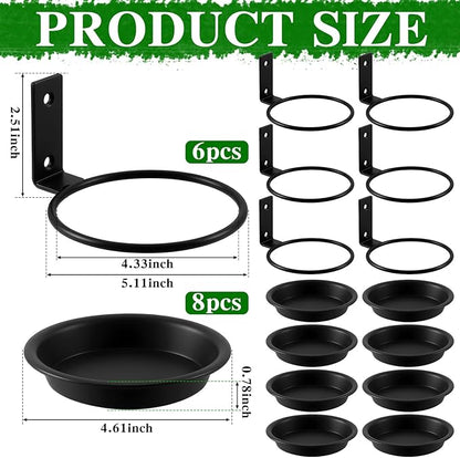 6 Pack 4'' Wall Mount Plant Holder with 8 Replaceable Trays, Heavy Duty Metal Flower Pot Holder Ring, Plant Hanger for Wall Indoor, Ring Planter Bracket for Outside Outdoor Bird Feeder Bath