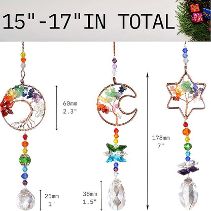 3pcs Rainbow Chakra Crystal Suncatcher Windows Hanging Tree of Life Sun Catchers Decor with Prisms for Car, Feng Shui Charms Decor for Home