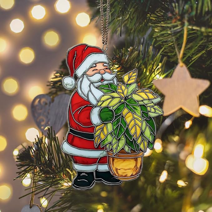 Happy Santa Holding Plant Pot Acrylic Suncatcher Stained Glass Effect Window Car Hanging Christmas Ornament Indoor Outdoor Decor Garden Sun Catcher Panel for Women Mom Grandma