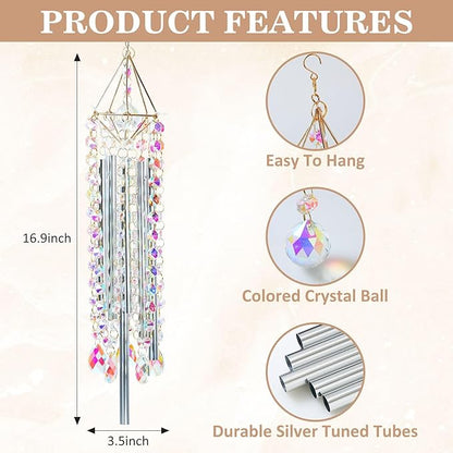 Crystal Wind Chimes - Glass Wind Chimes for Outside, Outdoor Crystal Suncatcher with Tuned Tubes, Reflective Windchimes Outdoors Unique, Hanging Prism Rainbow Maker Chandelier Home Decor Gift