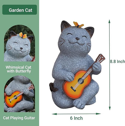 Cat Garden Statue Outdoor Decor, Cat Sculpture with Guitar and Butterfly for Yard Lawn Patio Balcony, Christmas Birthday Housewarming Gifts for Mom, Grandma, Women, 8.8 inch, Resin