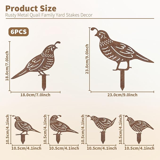 6Pcs Rusty Quail Yard Art Decor, Metal Birds Decorative Garden Stakes for Outside, Bird Lover Gifts for Women Mom Grandma Wife, Metal Garden Decor for Patio Lawn Pathway Backyard Ornament