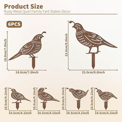 6Pcs Rusty Quail Yard Art Decor, Metal Birds Decorative Garden Stakes for Outside, Bird Lover Gifts for Women Mom Grandma Wife, Metal Garden Decor for Patio Lawn Pathway Backyard Ornament