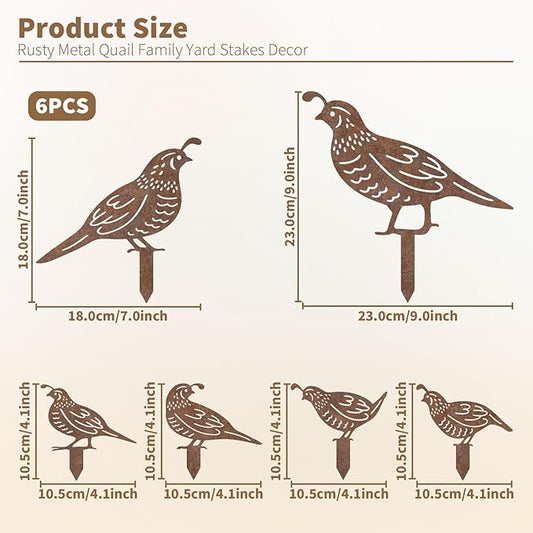 6Pcs Rusty Quail Yard Art Decor, Metal Birds Decorative Garden Stakes for Outside, Bird Lover Gifts for Women Mom Grandma Wife, Metal Garden Decor for Patio Lawn Pathway Backyard Ornament
