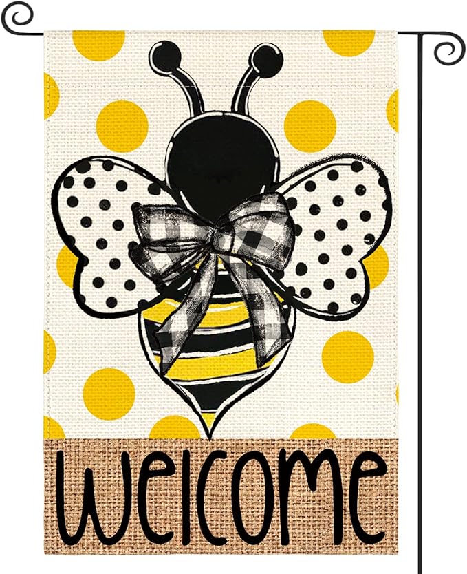 AVOIN colorlife Summer Polka Dot Bee Welcome Garden Flag 12x18 Inch Double Sided Outside, Seasonal Holiday Burlap Yard Outdoor Decoration