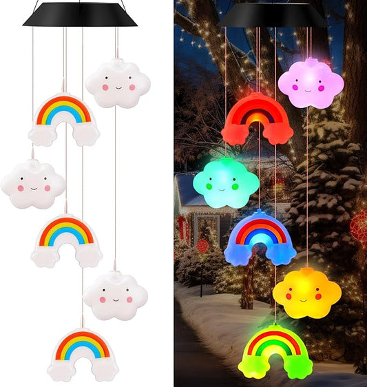 GlikCeil Rainbows Solar Wind Chimes 27.5inch Outside Waterproof Hanging LED for Yard, Pajama Party, Color Changing Lights(Clouds, Rainbows)