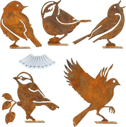 Geila 5PCS Rusty Birds Decoration, Fence Decorations Outdoor, Metal Birds Yard Decor Perfect Yard Art and Large Outdoor Ornaments (F)