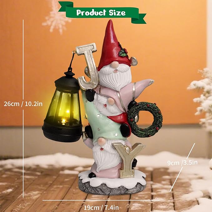 Garden Gnome Statue with Solar Lights, Funny Triple Gnome Holding Joy Outdoor Resin Sculptures Decor for Home Patio Lawn Yard Porch Balcony, Housewarming Birthday Gifts