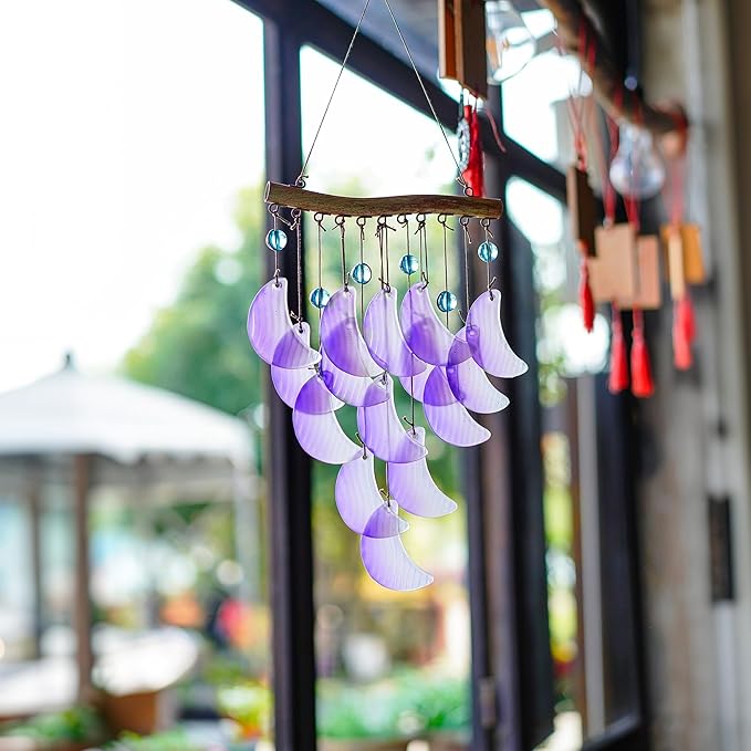 H&D HYALINE & DORA 19" Glass Wind Chimes Hanging for Outside Glass Moon Wind Chimes Garden Outdoor Porch Decor, Windchimes Gift for Women, Mom, Grandma