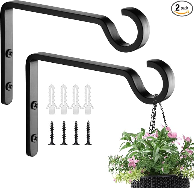 Monarch Abode Plant Hangers – Wall Mount Plant Hooks for Hanging Baskets, 6 Inch Metal Black Fence Wall Plants Hanger for Outdoor Indoor, Flower Pot, Bird Feeder, Wind Chime Bracket, 2 Pack