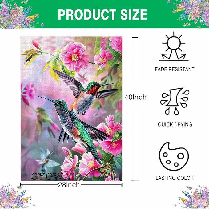 Hummingbird Spring House Flag for Outside 28x40 Inch Double Sided Floral Birds Yard Outdoor Flag for Seasonal Farmhouse Outdoor Decoration