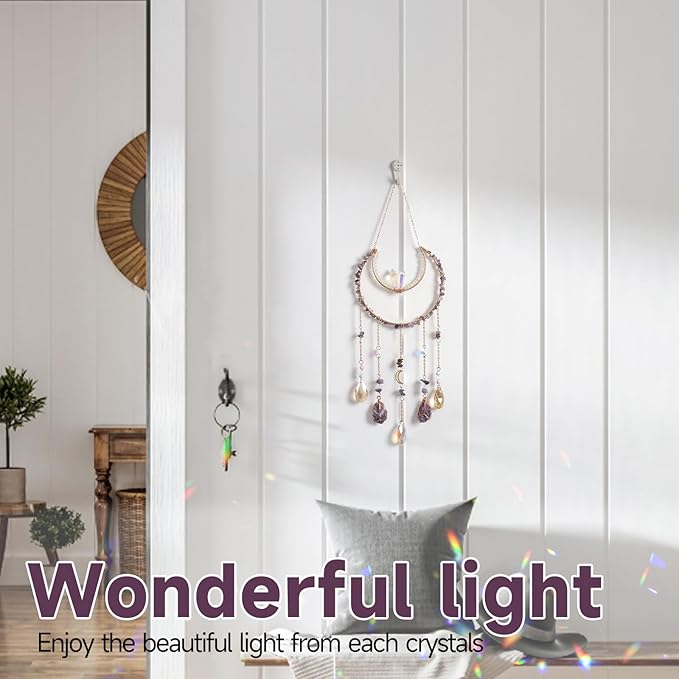 Crystal Suncatcher, Dreamsum Window Suncatchers with Crystals and Stones, Sun Catchers Indoor Window Catcher with Prism Slices, Moon Crystal Suncatchers Gift for Girls, Lover and Mom-Purple