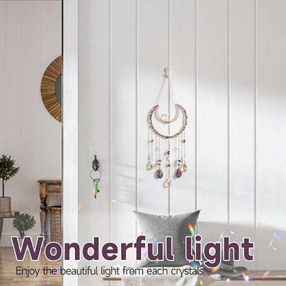 Crystal Suncatcher, Dreamsum Window Suncatchers with Crystals and Stones, Sun Catchers Indoor Window Catcher with Prism Slices, Moon Crystal Suncatchers Gift for Girls, Lover and Mom-Purple