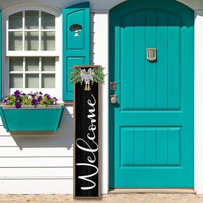 flowtorely Outdoor Welcome Sign for Front Porch Standing 45"×9" Vertical Leaner Wood Frame Tall Outside Rustic Large farmhouse Home Decor Welcome Sign for Front Door Decorations (Wood Black)