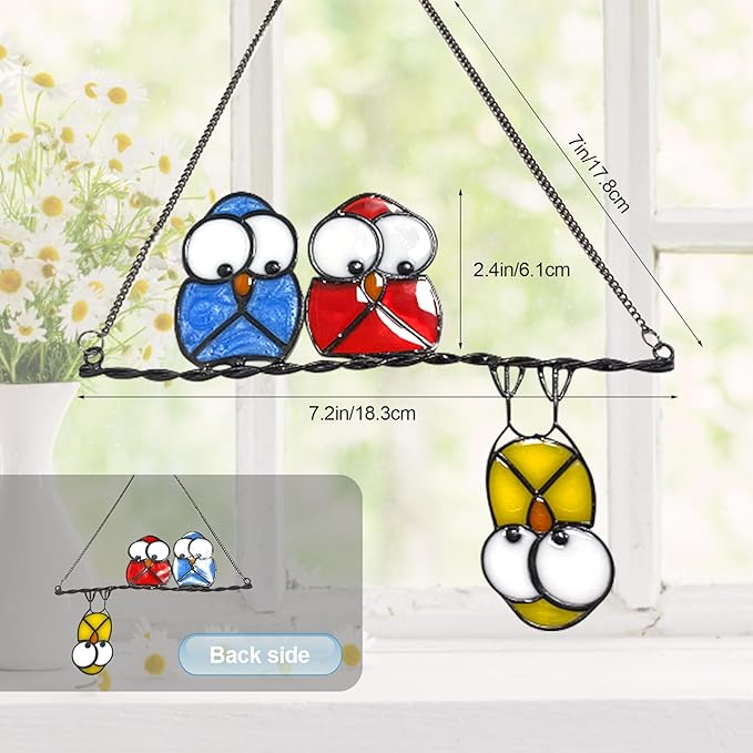 Stained Glass Birds Window Hangings, Multicolor 3 Owls Double-Side Stained Glass Hummingbird Decorations,Bird Suncatcher for Window Home Garden Decor Hummingbird Gifts for Bird Lovers (Yellow)