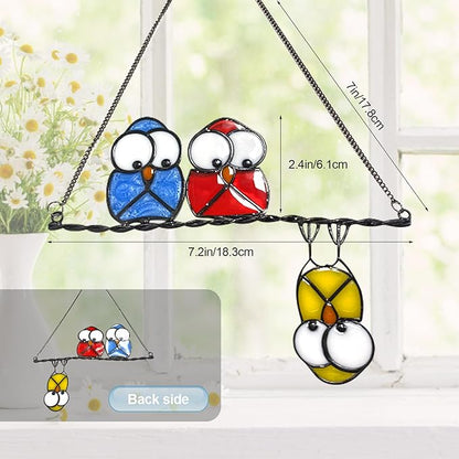 Stained Glass Birds Window Hangings, Multicolor 3 Owls Double-Side Stained Glass Hummingbird Decorations,Bird Suncatcher for Window Home Garden Decor Hummingbird Gifts for Bird Lovers (Yellow)