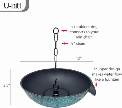 U-nitt 12" Spill Bowl Downspout Catch Basin for Rain Chain Anchoring & Stake | Rainwater Collection for Roof |Gutter Catch Basin | Good for Water Fountain & Birdbath | Black | Handles Heavy Rain