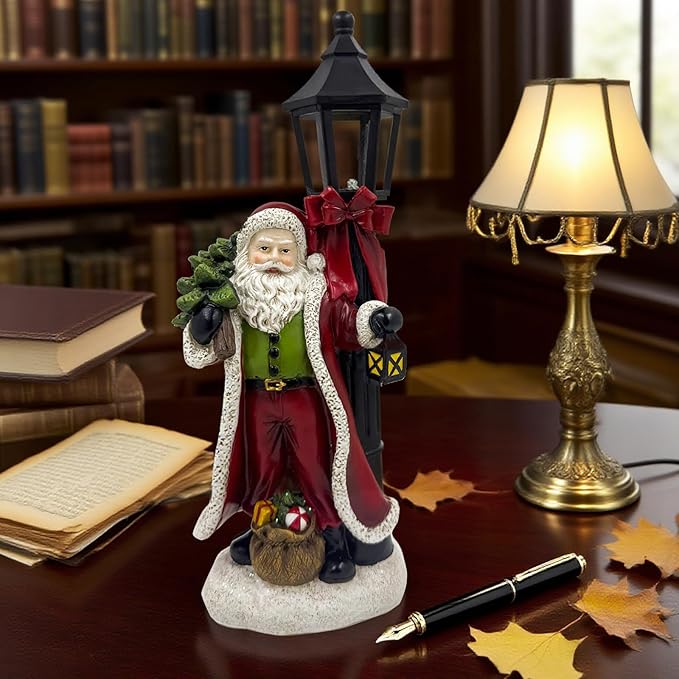 Santa Claus Statue with Light 12.6 inch Christmas Resin Figurine Desktop Decor, New Year's Day Outdoor Decoration for Porch Garden Yard Patio