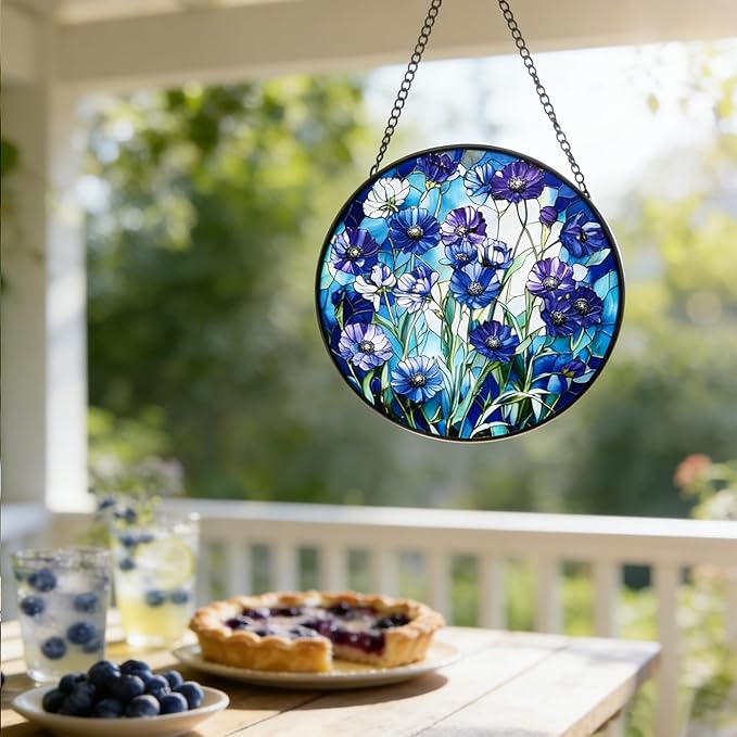 Stained Glass Blue Daisy Flower Suncatcher 7.8 Inch Rainbow Maker Window Hanging for Garden Outdoor Home Decor, Mom Friends Gift for Housewarming Birthday Christmas
