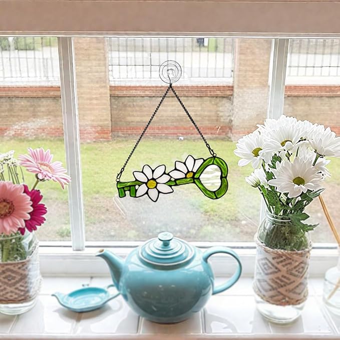 Key Decor Stained Glass Suncatcher White Flower Ornament,Artificial Floral Glass Suncatcher,Stained Glass Window Hanging Daisy Flower Gift for Women Mom Grandma