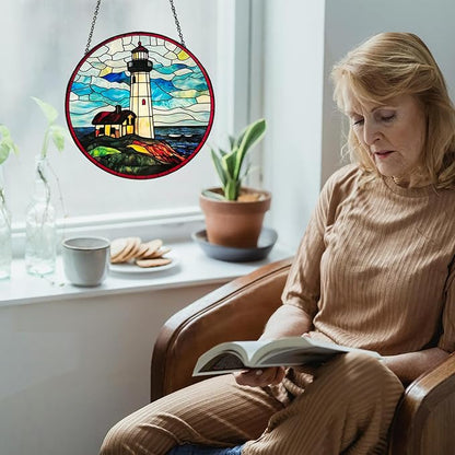 Ocean Lighthouse Stained Glass Window Hanging, 7.8" Hand-Painted Sun Catcher Glass Panel Wall Art Decor with Chain, Lighthouse Gifts for Women Mom Grandma, Outdoor Indoor Art Decor for Home Garden