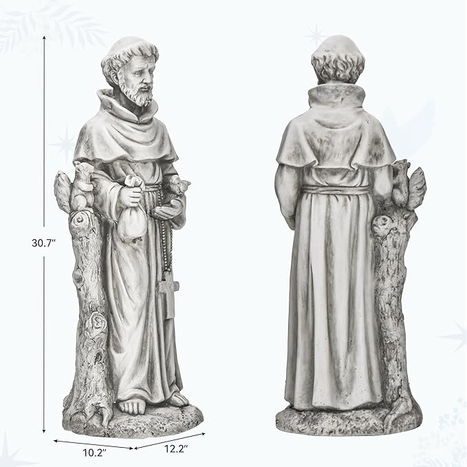 St Francis Garden Statue, 31" Saint Francis Catholic Outdoor Statues, Large Religious Christian Sculpture Deor for Prayer and Meditation, Patron Saint of Animals Patio in Durable MGO Stone