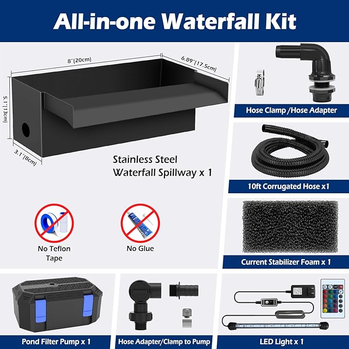 All-in-1 Pond Waterfall Kit | 550GPH Pond Filter Pump | 8-inch Stainless Steel Waterfall Spillway | Remote Control LED Lights | 4-Stage Filtration Outdoor Waterfall for Water Feature, Garden, Pool