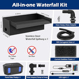 All-in-1 Pond Waterfall Kit | 550GPH Pond Filter Pump | 8-inch Stainless Steel Waterfall Spillway | Remote Control LED Lights | 4-Stage Filtration Outdoor Waterfall for Water Feature, Garden, Pool