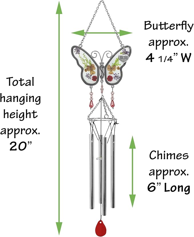 Mom Butterfly Wind Chime with Pressed Flowers - Floral Hanging Wind Chimes for Mom - Mother's Day, Birthday for Mother - Decorative Garden or Window Gift - 20 Inch Long