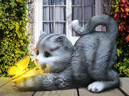 Solar Garden Statue Cat,Garden Figurine Outdoor Decoration with Cat Holding Butterfly for Yard,Patio,Lawn Art Decoration,Housewarming Gift
