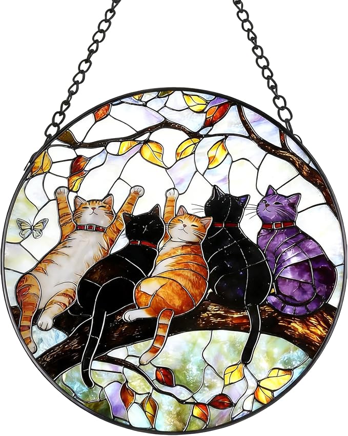 Stained Glass Window Hanging - 5 Happy Kittens on a Branch Suncatcher for Window Doors Home Decoration and Christmas, Mother's Day Birthday Gifts for Women Men Mom 9.8 * 9.8 inch