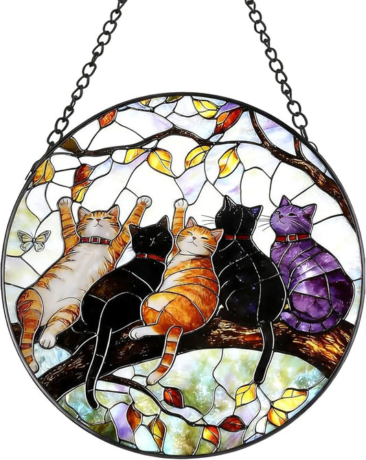 Stained Glass Window Hanging - 5 Happy Kittens on a Branch Suncatcher for Window Doors Home Decoration and Christmas, Mother's Day Birthday Gifts for Women Men Mom 9.8 * 9.8 inch