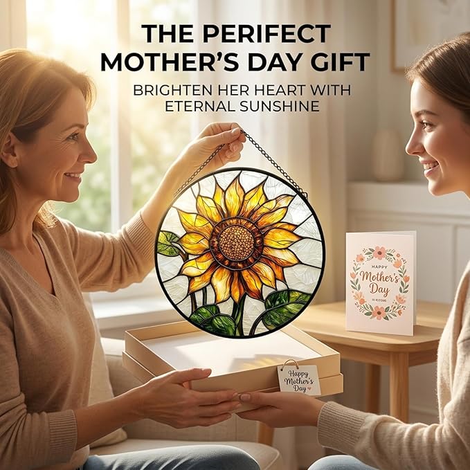 Sunflower Gifts for Women - Yellow Flower Faux Stained Glass Window Hanging Sun Catcher for Door Garden Acrylic Decor Mother's Day Christmas Birthday Gift for Mom Nana Grandma Sisters Colleague 7.8"