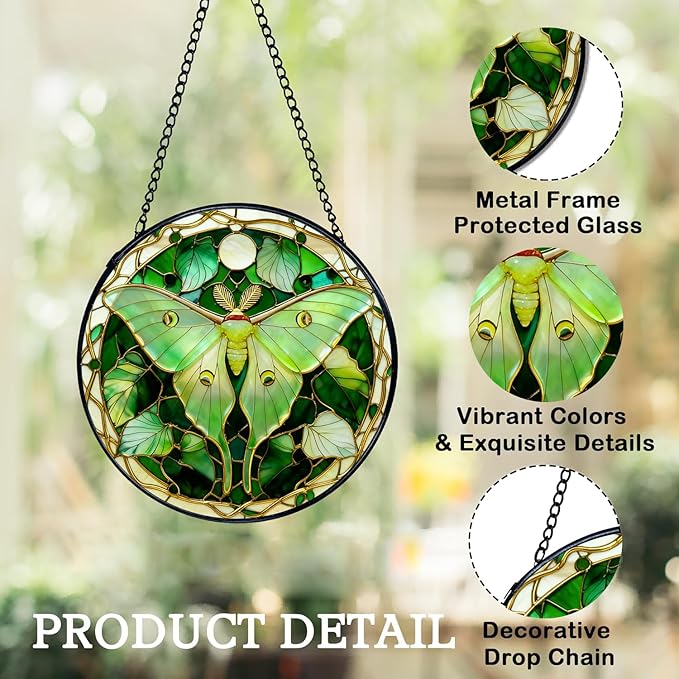 Stained Glass Window Hanging, Luna Moth Butterfly Suncatcher for Window Doors Garden Home Decoration, Green Glass Panel Ornaments for Women,Men,Wife, Lovers, and Mom 7.8×7.8 in