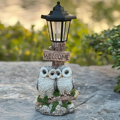 Outdoor Garden Owl Statue with Solar Lights, Owl Figure with Welcoming Sign, for Outdoor Landscapes, Courtyards, Paths, Outside Patio Lawn Decor, Gifts for Women, Owl Lovers