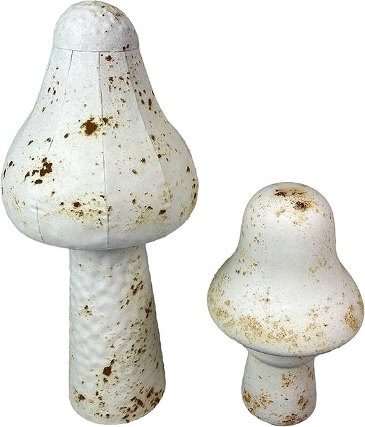 Zeckos Set of 2 White Metal Mushrooms, Indoor Outdoor Garden Statues, 9 & 16 inch Rustic Modern Farmhouse Decor, Weather-Resistant Yard Sculpture, Artistic Patio Accent