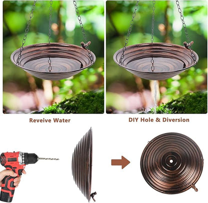 13 inch Rain Chain Basin, Metal Rain Chains Anchoring Bowl Dish, DIY Rain Chain Basin for Gutter Downspout, Copper Hanging Birdbath for Outdoor Garden Patio Decor