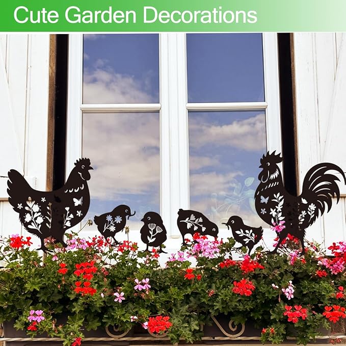Chicken Garden Stake Outdoor Yard Decor – Set of 6 Metal Chicken Lawn Ornament, Women/Men Rooster Lover Gift, Weather-Resistant Silhouette Statues Yard Art for Patio