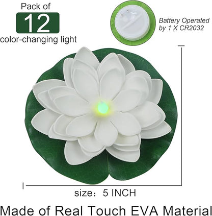 LACGO 12 PCS Floating Lotus Lights - Artificial LED Lotus Waterproof Battery Operated Water Activated Color Changing Fake Lily Pad Lights for Pool Pond Lantern Garden Outdoor Decor