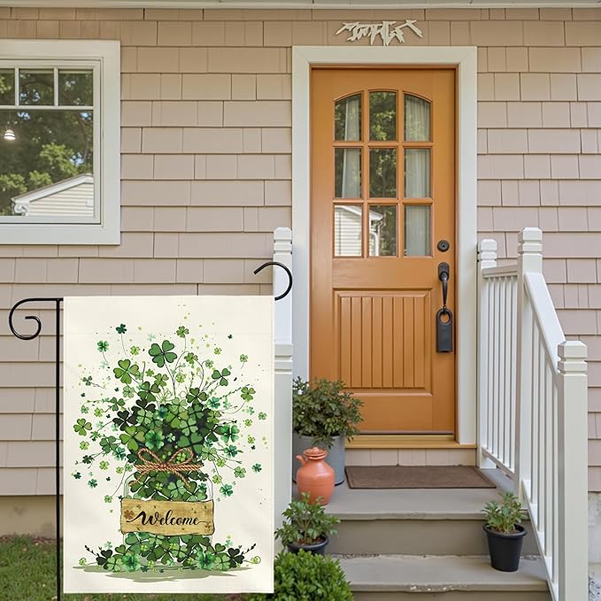 Spring Garden Flag 12x18 Inch Welcome Clover Design Double Sided Outdoor Yard Flags Seasonal Porch Patio Lawn Farmhouse House Banner Decorations for St Patricks Day and Everyday Home Décor