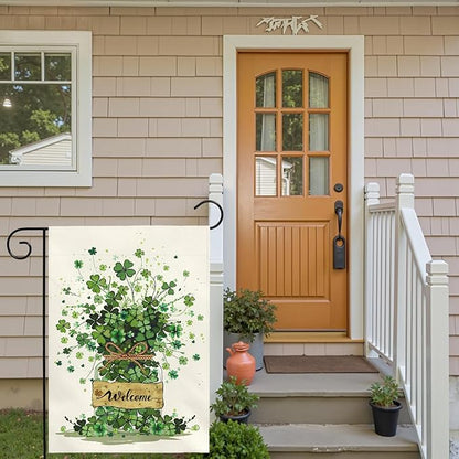 Spring Garden Flag 12x18 Inch Welcome Clover Design Double Sided Outdoor Yard Flags Seasonal Porch Patio Lawn Farmhouse House Banner Decorations for St Patricks Day and Everyday Home Décor