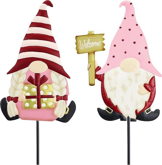TERESA'S COLLECTIONS Valentines Decorations Outdoor for Home, 2Pcs Metal Gnomes Decor Garden Stakes, Valentine Yard Stakes Gifts for Her Him, Welcome Yard Signs for Outside Lawn Porch Patio, 23"