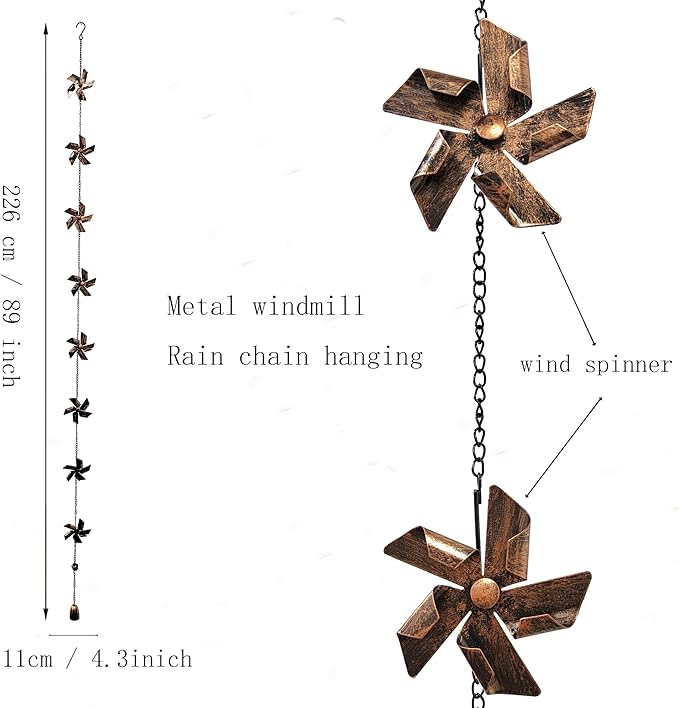 Long Decorative Metal Rain Chain with 8 Windmill Functional Replacement for Gutters Downspouts, Outdoor Garden Rainwater Collector, Easy Installation, Durable Artistic, Adds Curb Appeal to Your Home